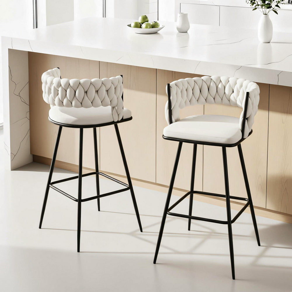 Jordan 2x Bar Stools Kitchen Dining Chair Counter Stool Woven Velvet Metal Ivory