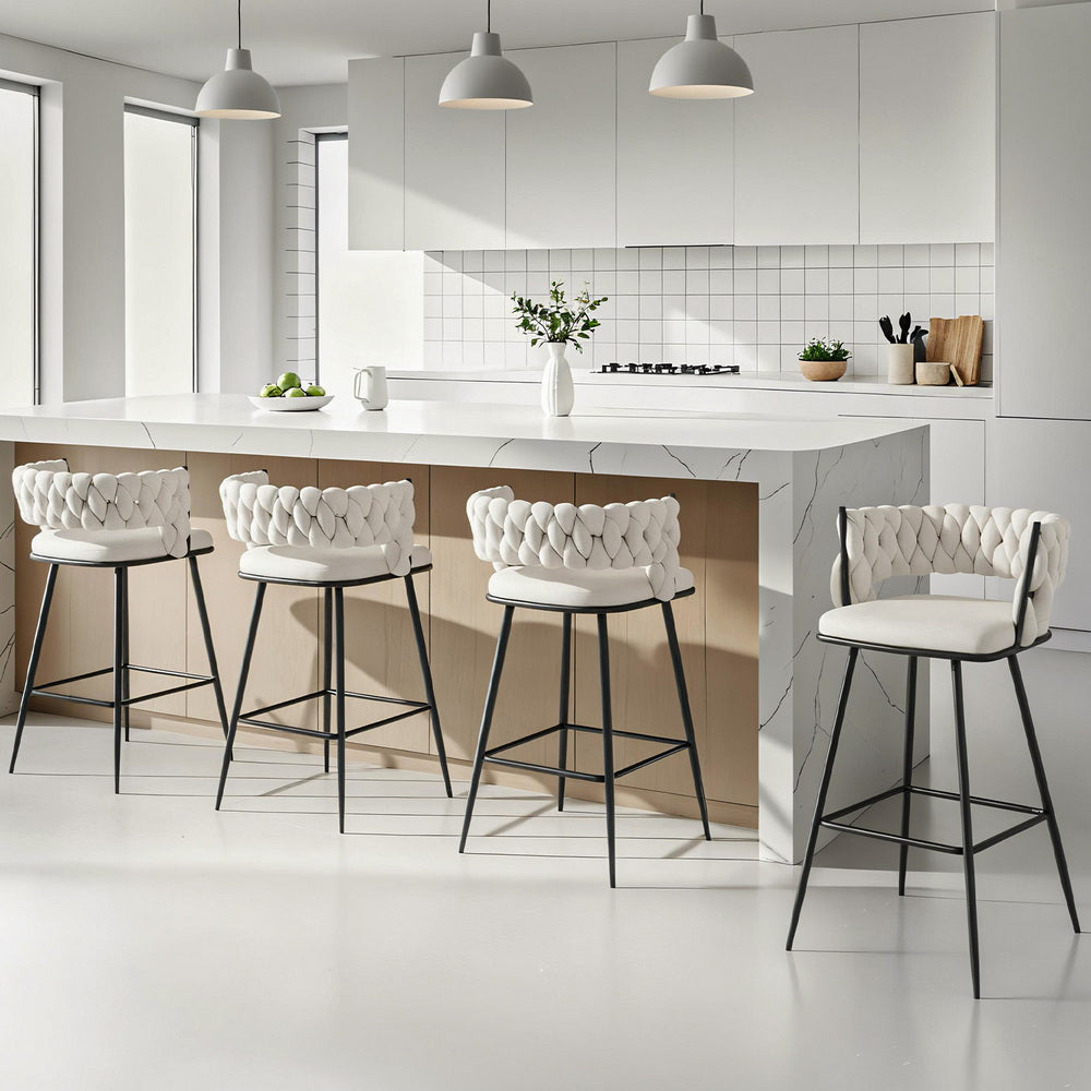 Jordan 4x Bar Stools Kitchen Dining Chair Counter Stool Woven Velvet Metal Ivory