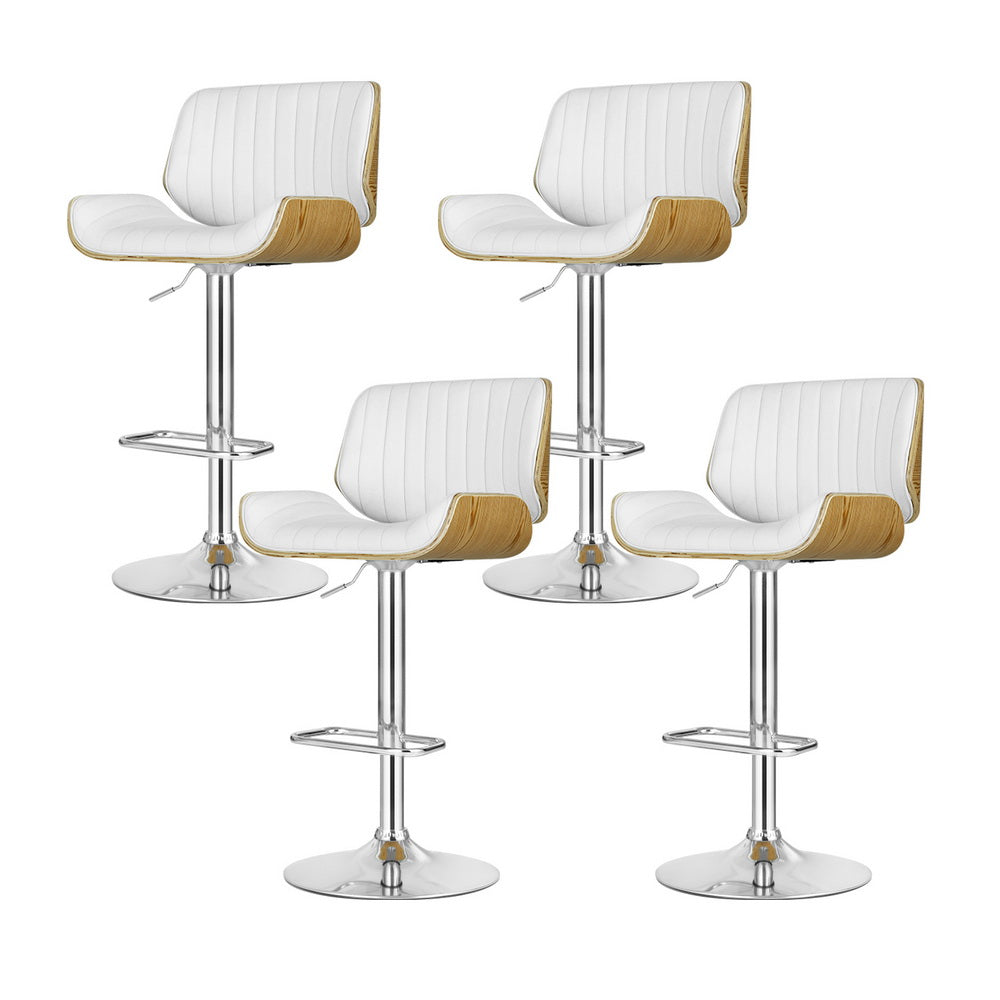 Four white bar stools with wooden accents on a white background