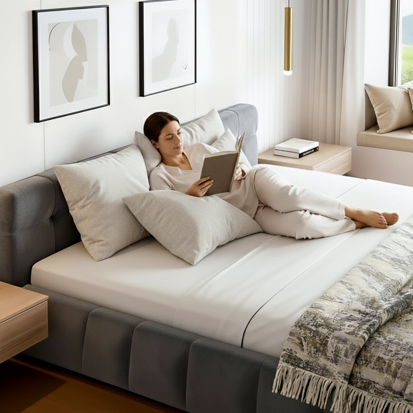 King Size Bed Frame Plush Soft Headboard Velvet Platform Base for Modern Bedrooms Grey