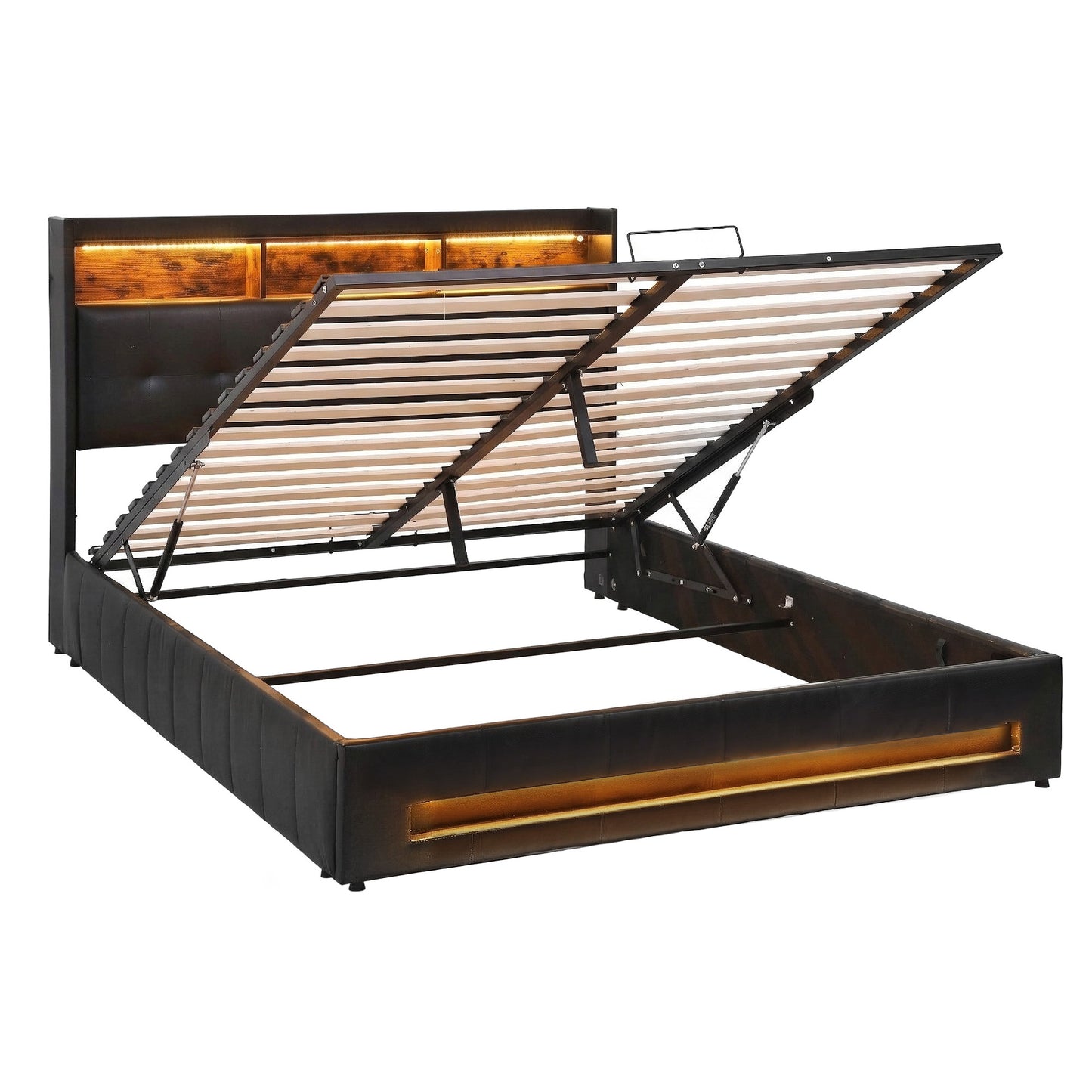 Double Bed Frame with Gas Lift Storage LED Lights Charging Station Headboard with Open Shelf
