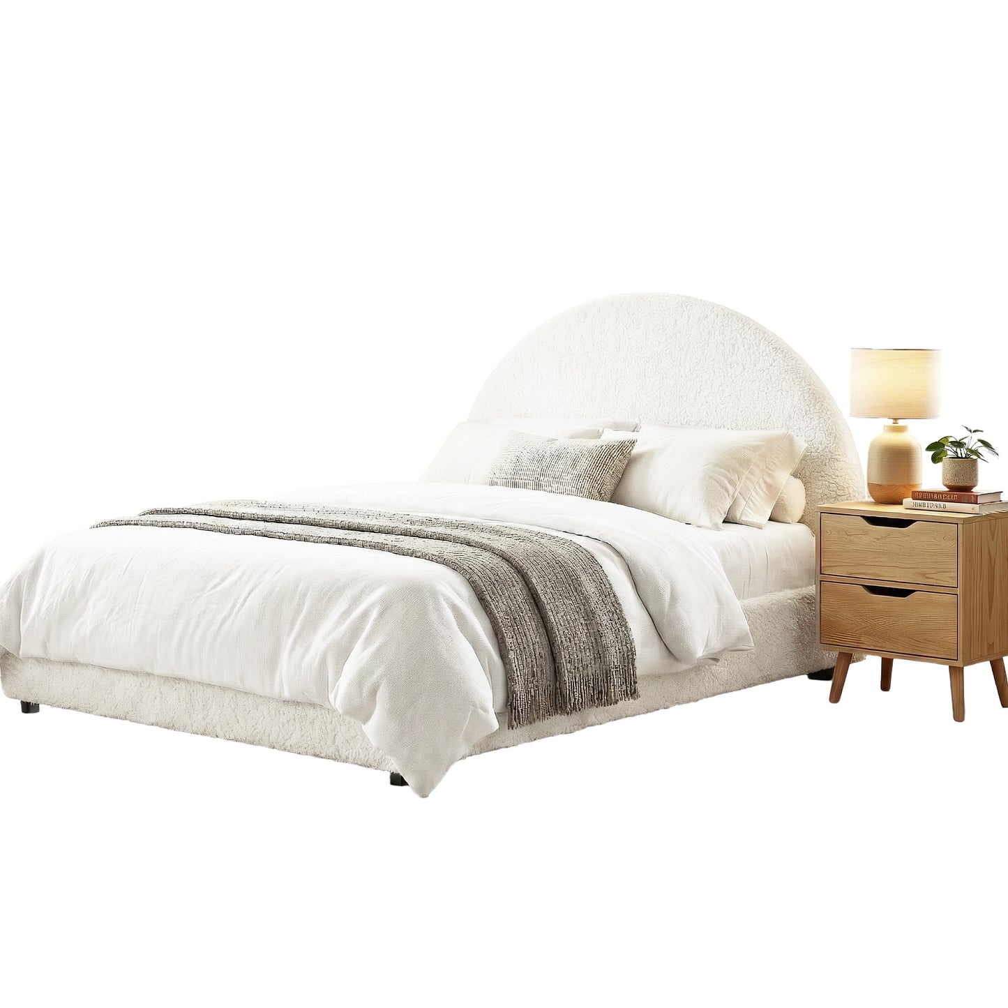 Gas Lift Queen Bed Frame with Bedside Table Set Boucle Fabric Upholstered Platform Bed Nightstand