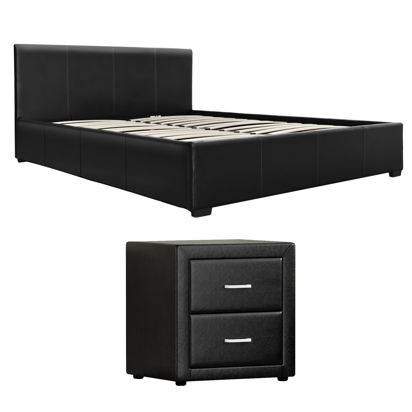 Gas Lift Queen Bed Frame and Bedside Table Set Leather Black