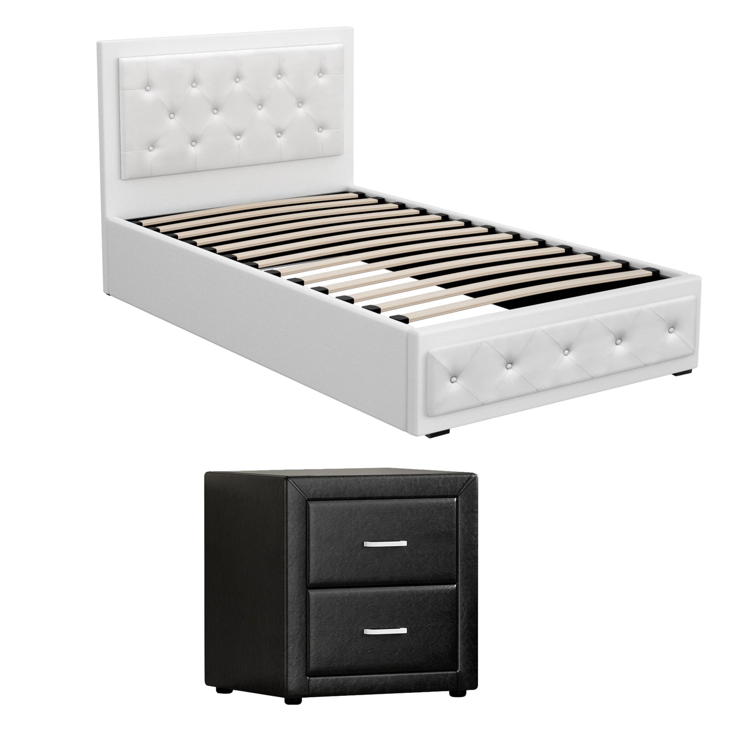 King Single Bed Frame Storage White Leather Gas Lift Bed Black Bedside Table Set