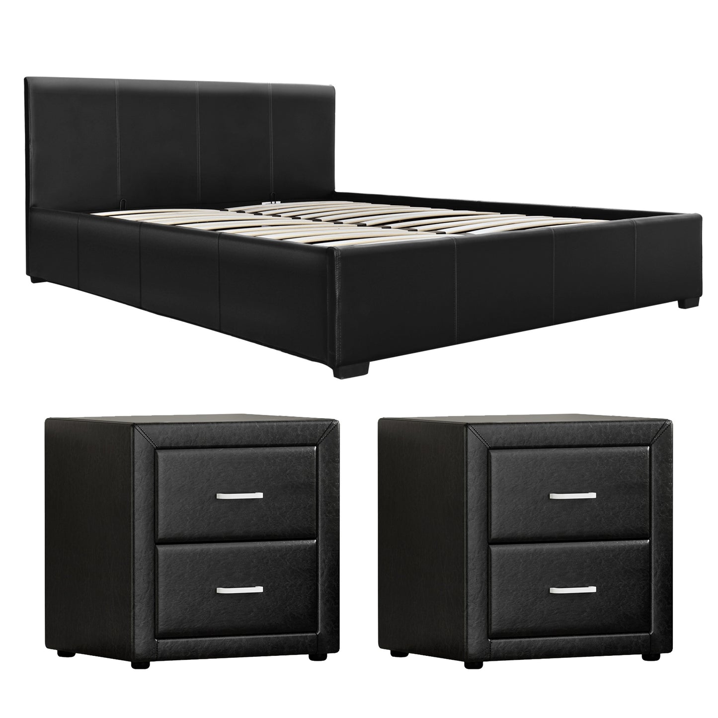Gas Lift Queen Bed Frame and 2 Bedside Table Set Leather Black