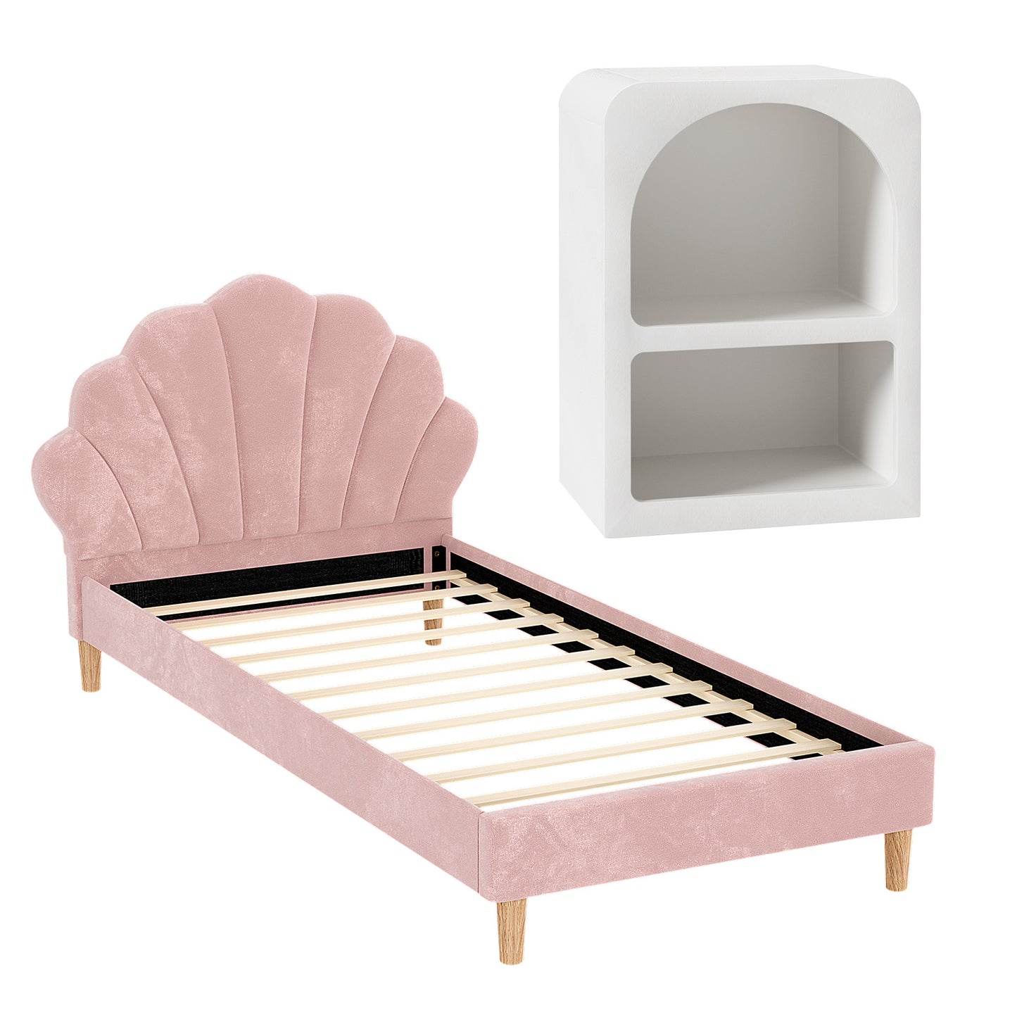 Bed Frame King Single with Bedside Table Set Scallop Headboard Pink Velvet Fabric Beds Base