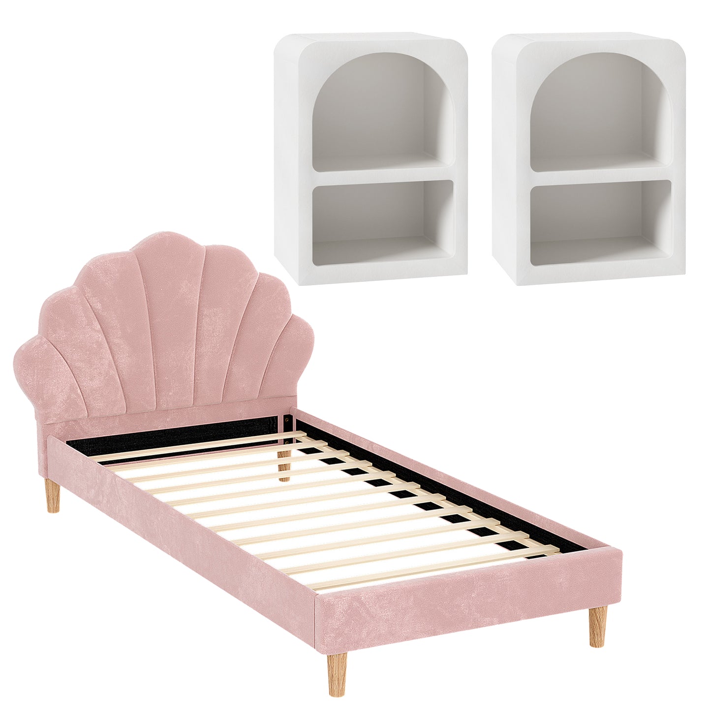 Bed Frame King Single with 2 Bedside Tables Set Scallop Headboard Pink Velvet Fabric Beds Base
