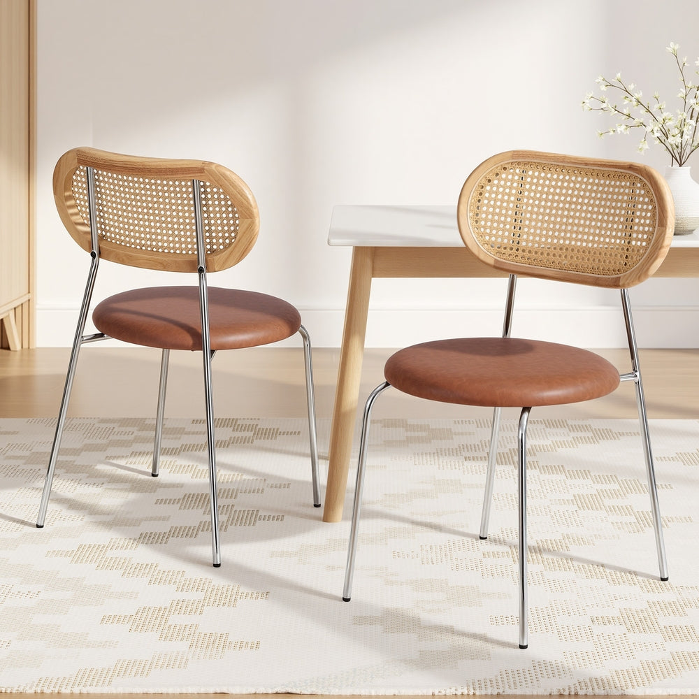 2x Dining Chairs PU Leather Rattan Kitchen Lounge Cafe Accent Chair Brown