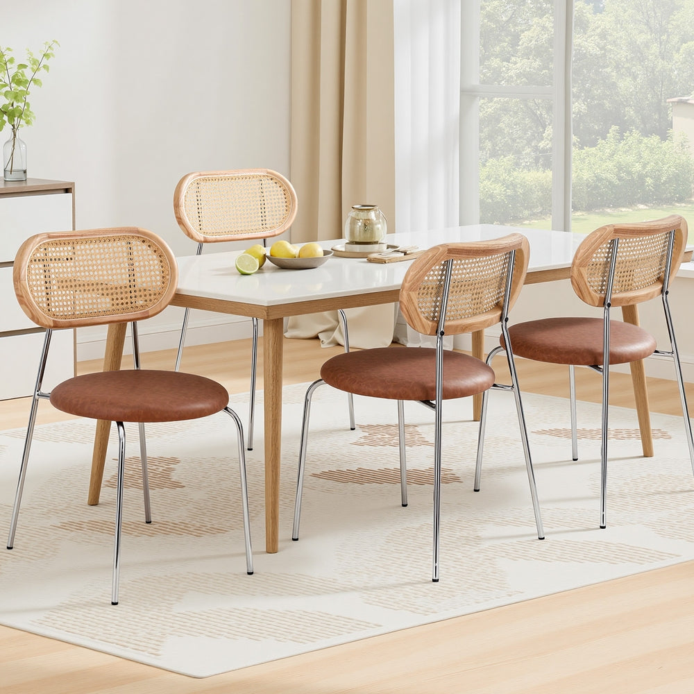 4x Dining Chairs PU Leather Rattan Kitchen Lounge Cafe Accent Chair Brown
