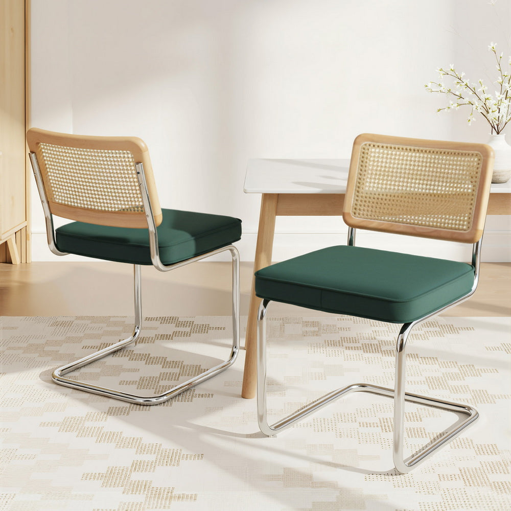 Dining Chairs Set of 2 Velvet Rattan Cantilever Green