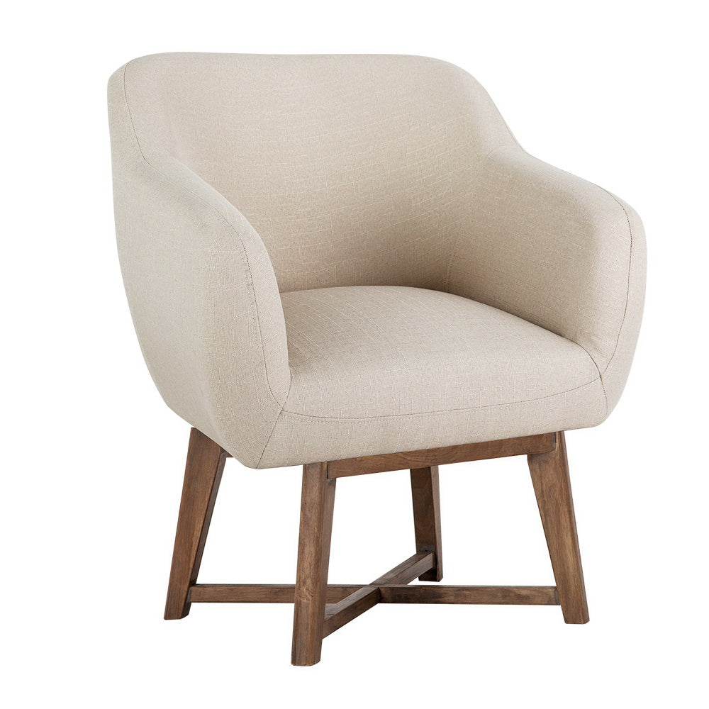 Beige armchair with wooden legs on a white background