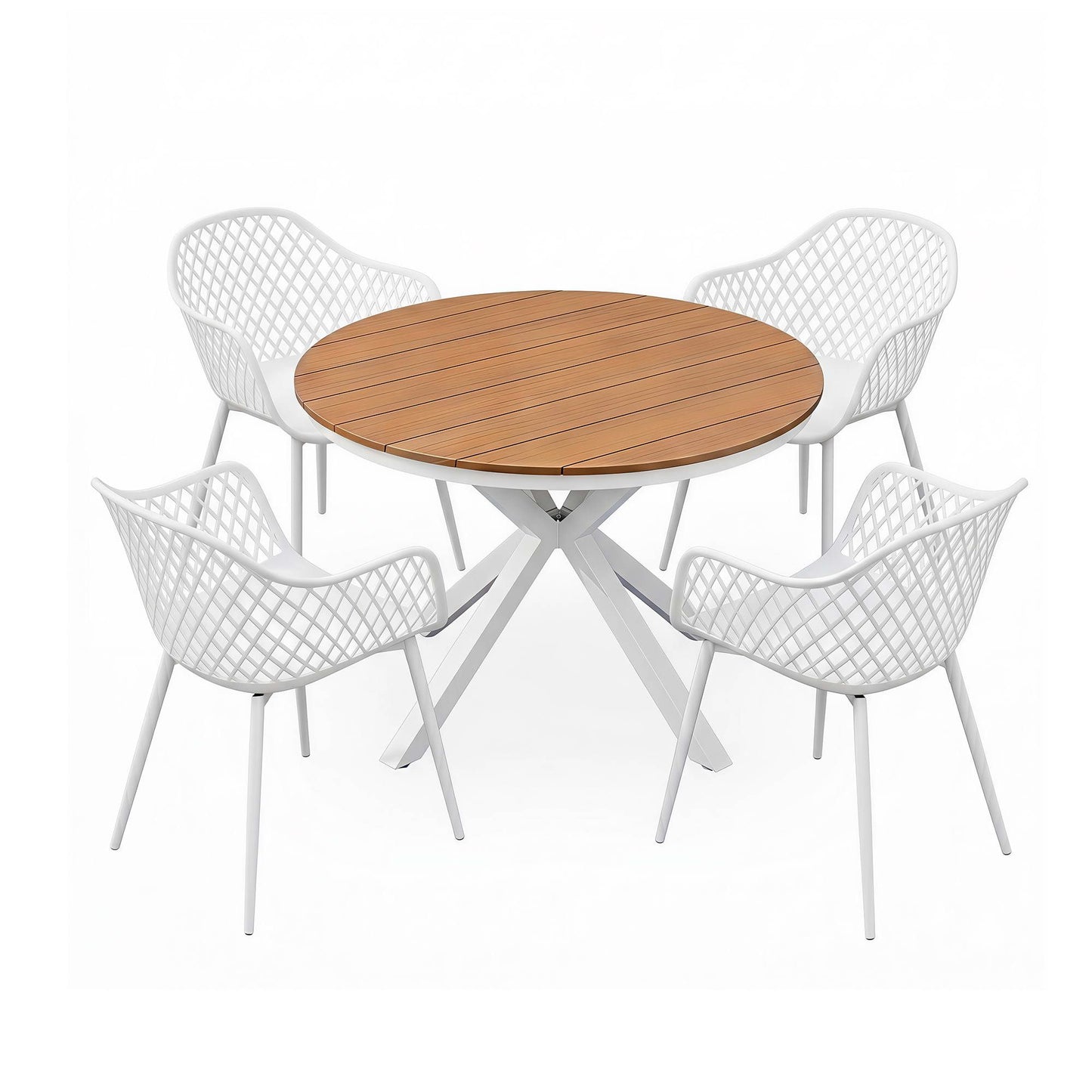 Round wooden table with four white chairs on a white background