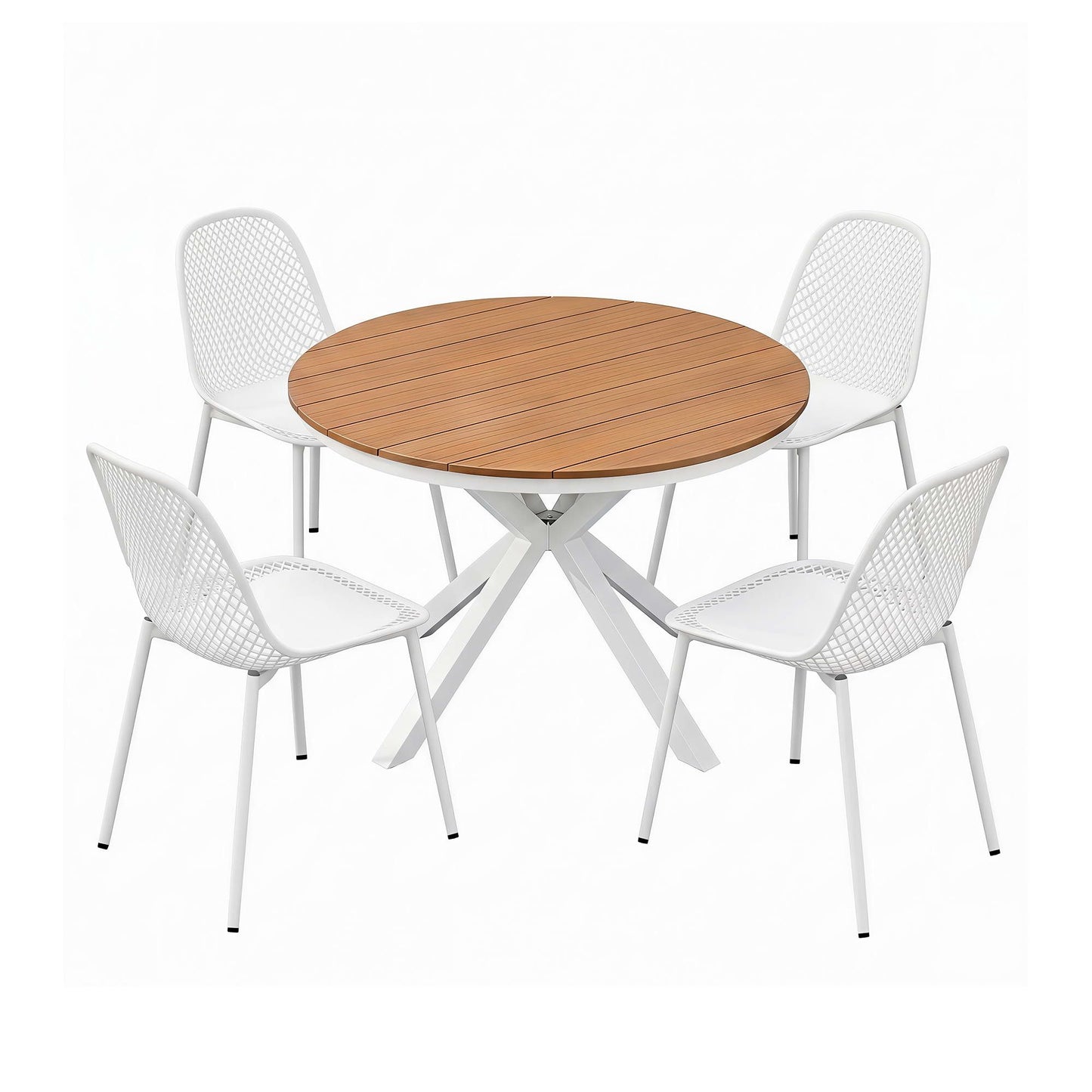 Round wooden table with four white chairs on a white background
