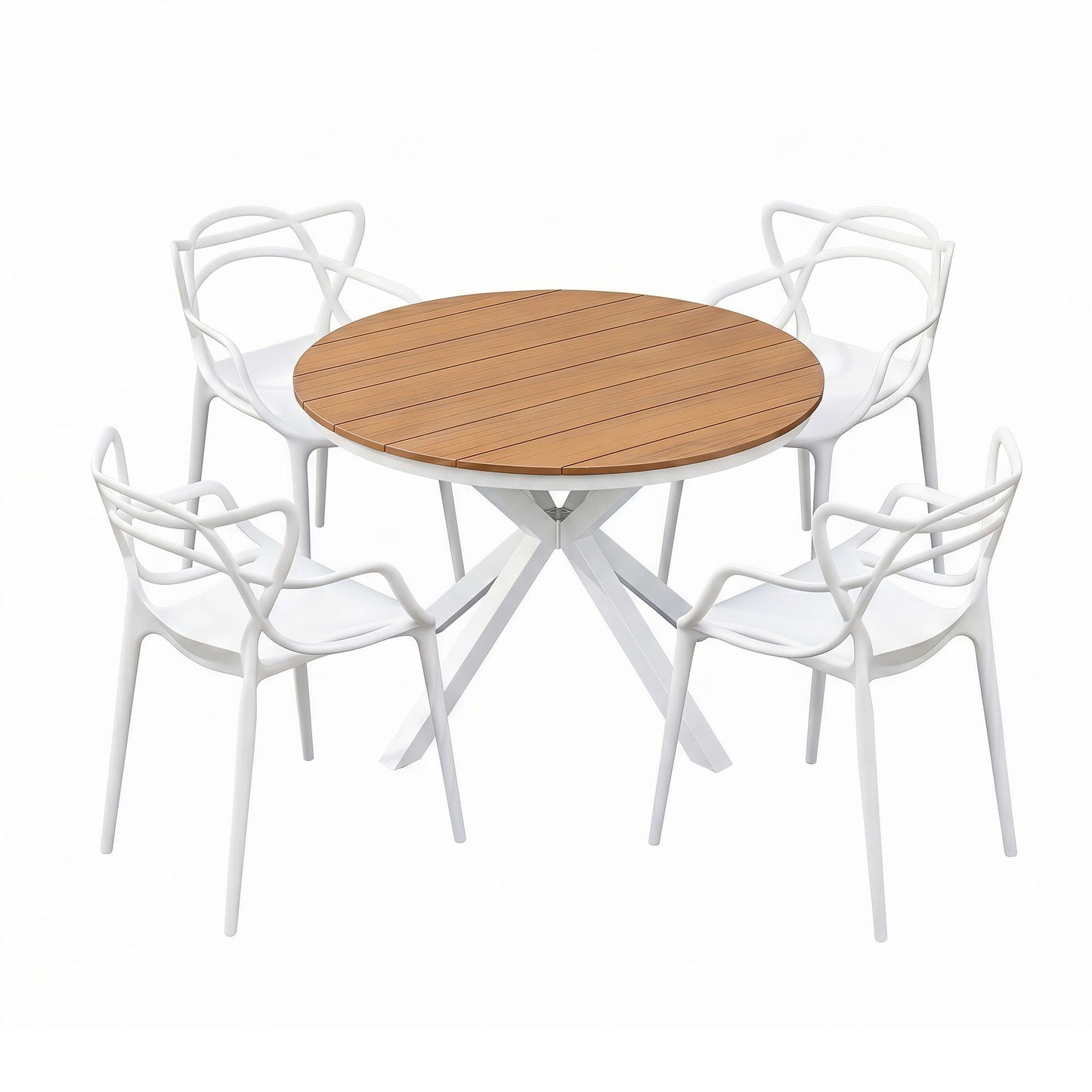 Round wooden table with four white chairs on a white background