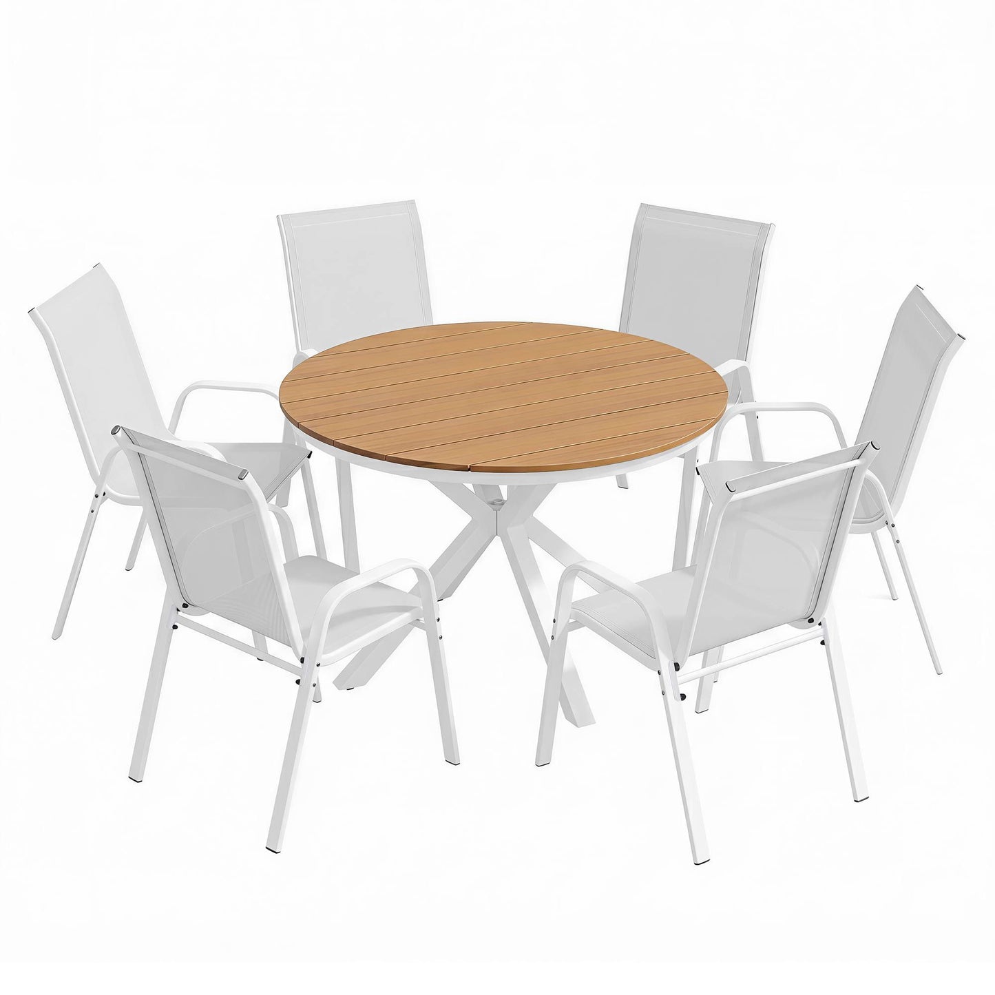 Round wooden table with six white chairs on a white background