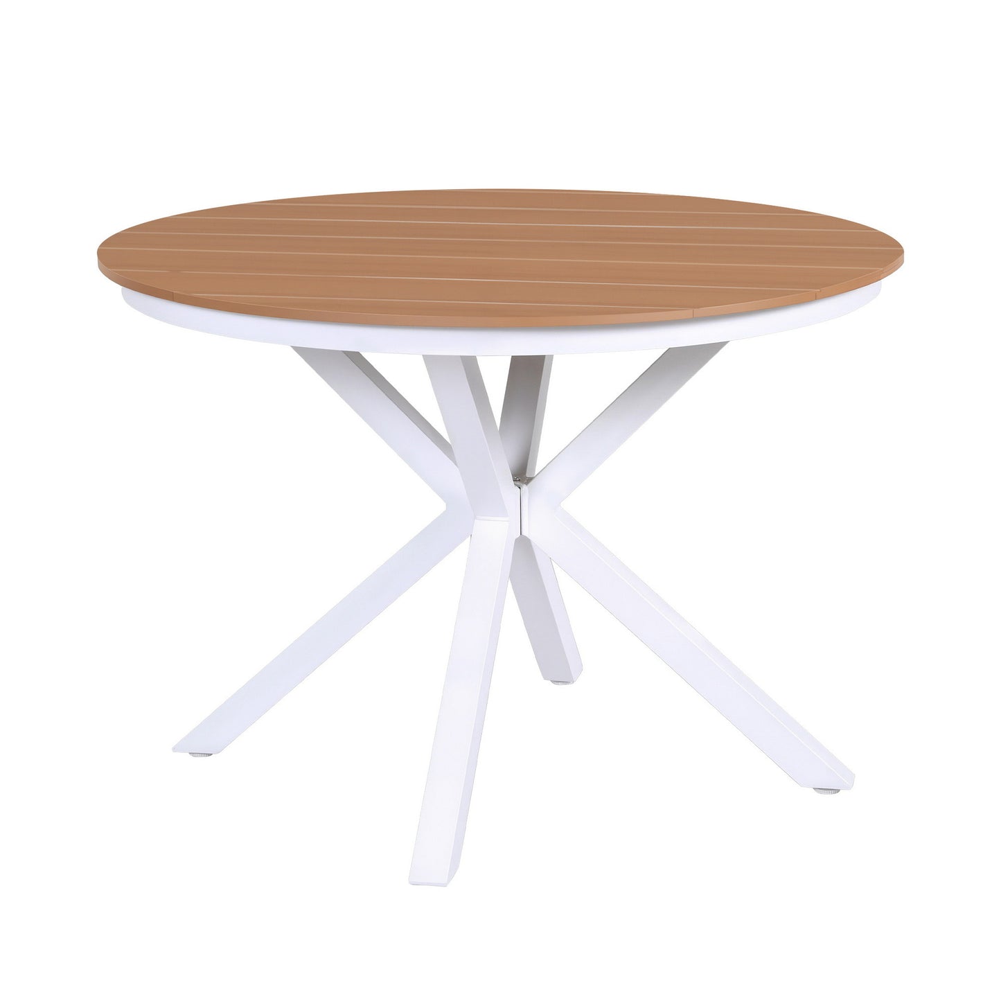 Round table with wooden top and white metal legs on a white background