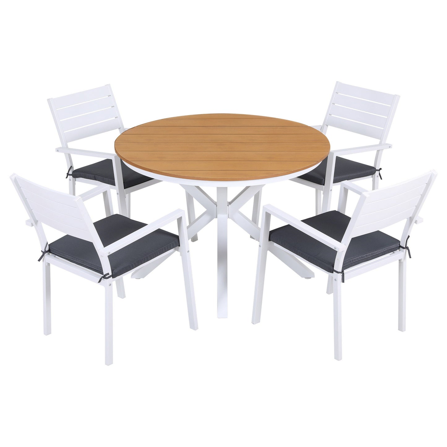 Round wooden table with four white chairs on a white background