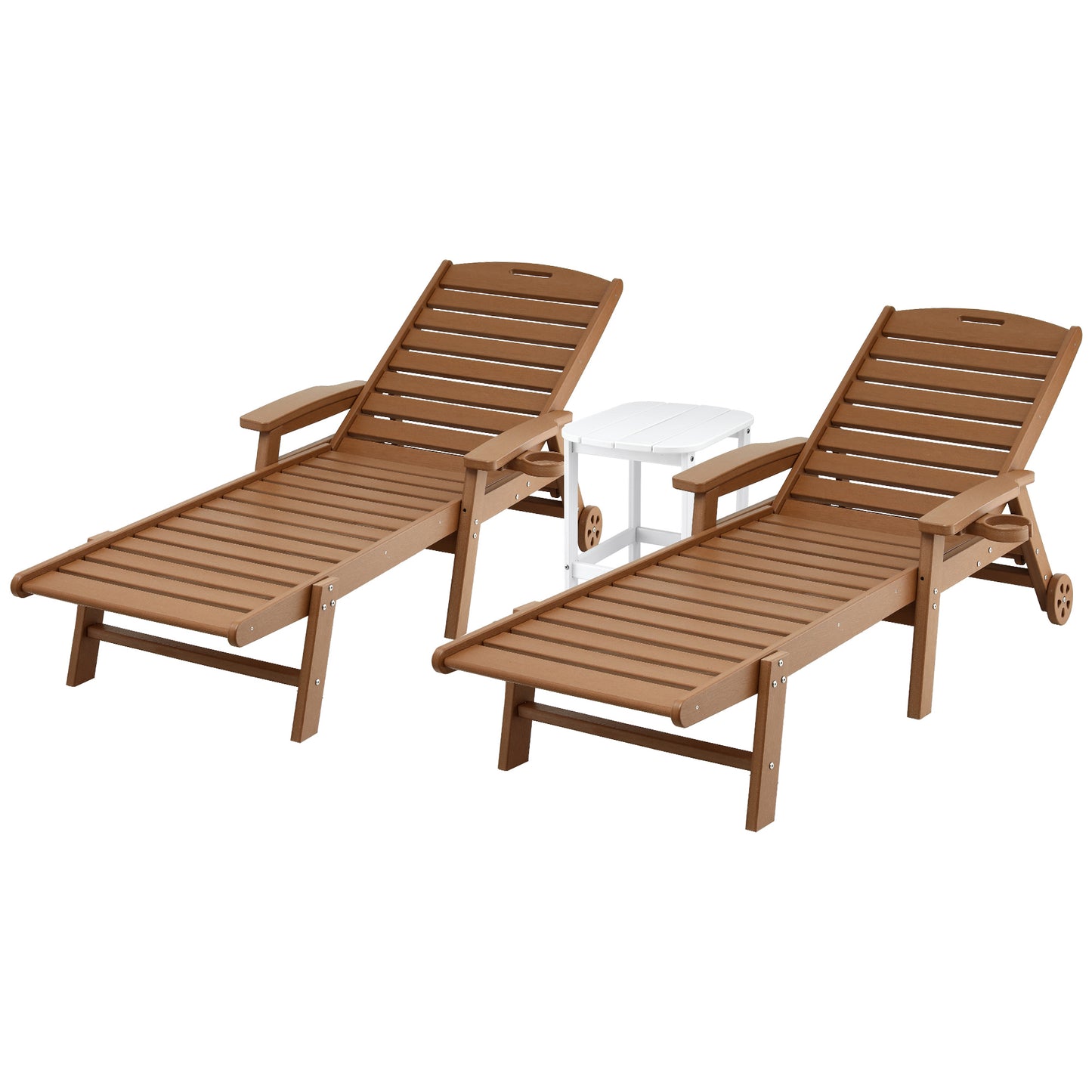 Two wooden lounge chairs with a small round table on a white background