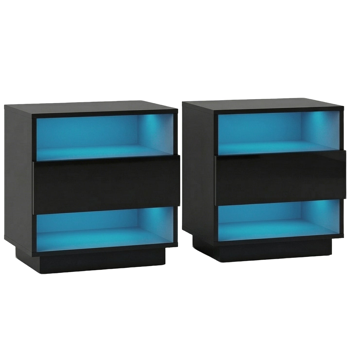 2x Bedside Table LED with 2 Shelves - HANA Black