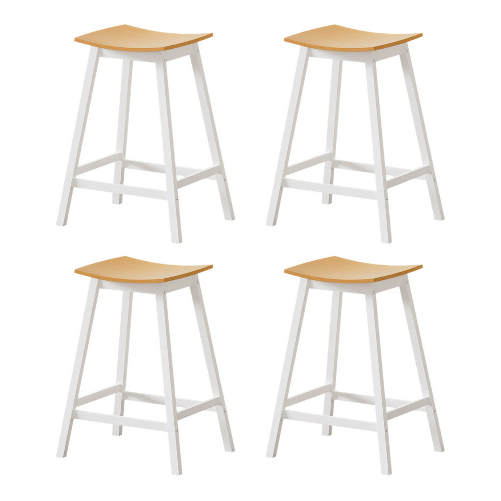 Four bar stools with wooden seats and white frames on a white background