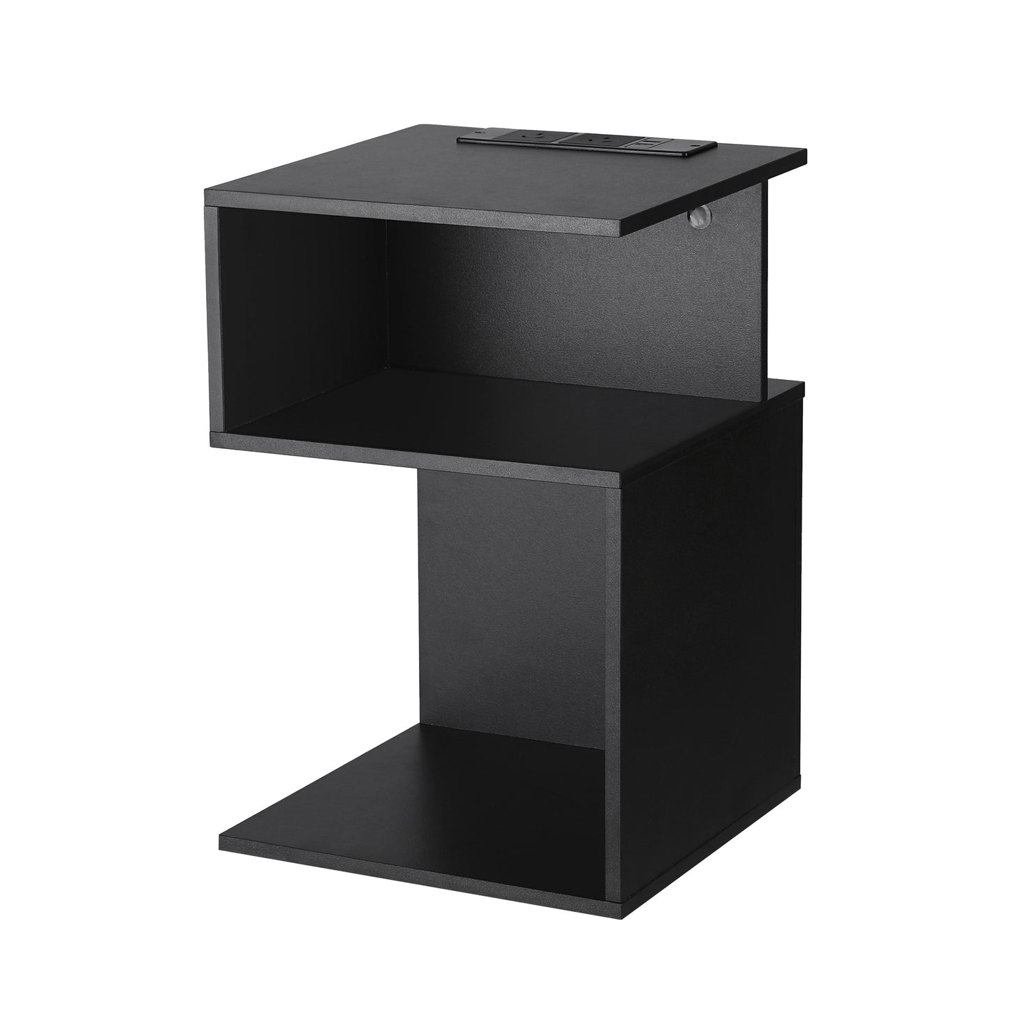 Bedside Table 2 Shelves S-Shaped Charging Station Black