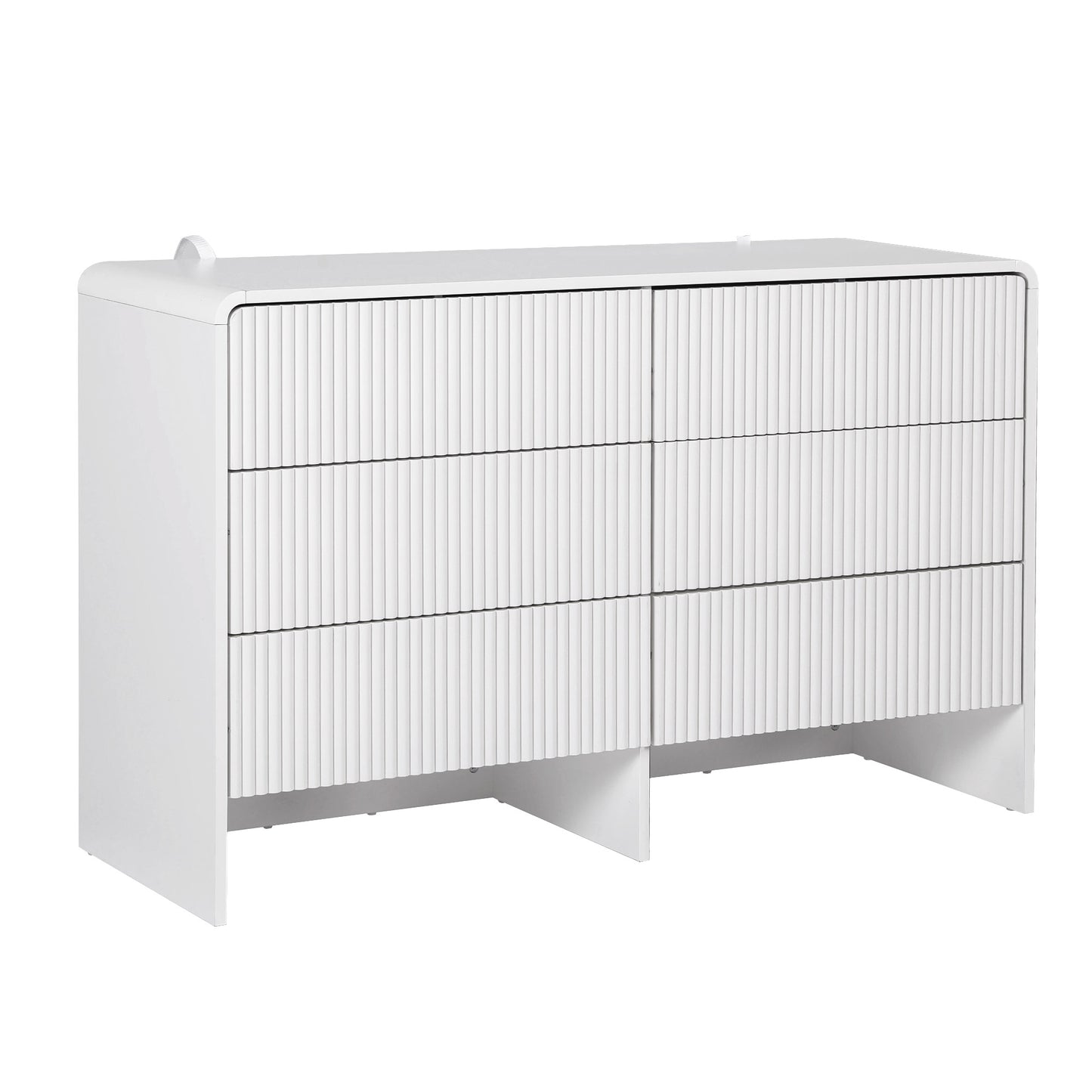 White dresser with horizontal slat design on a white background