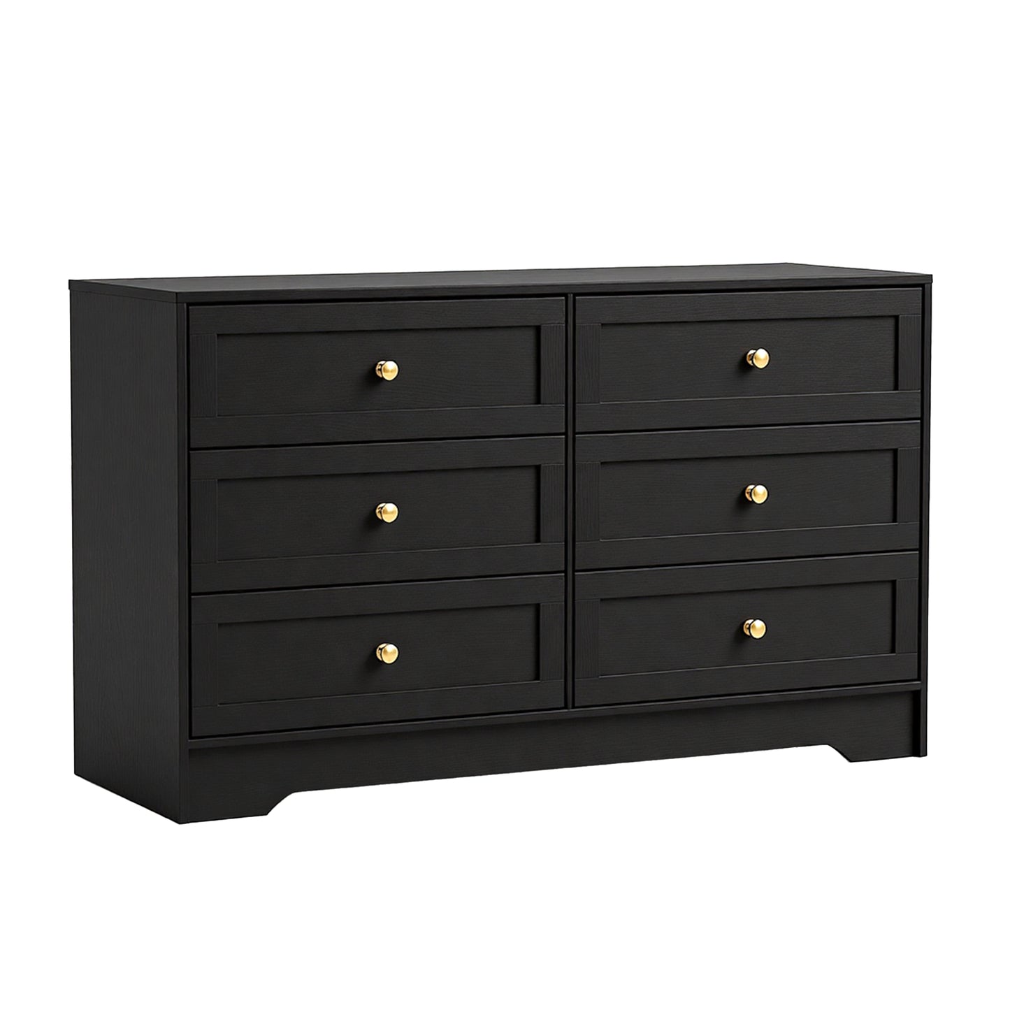 Black dresser with gold knobs on a white background