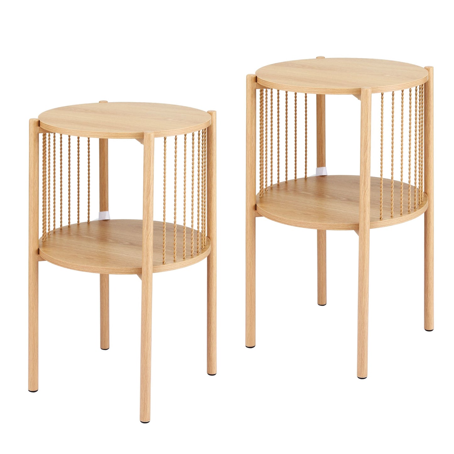 Two wooden side tables with wire mesh design on a white background