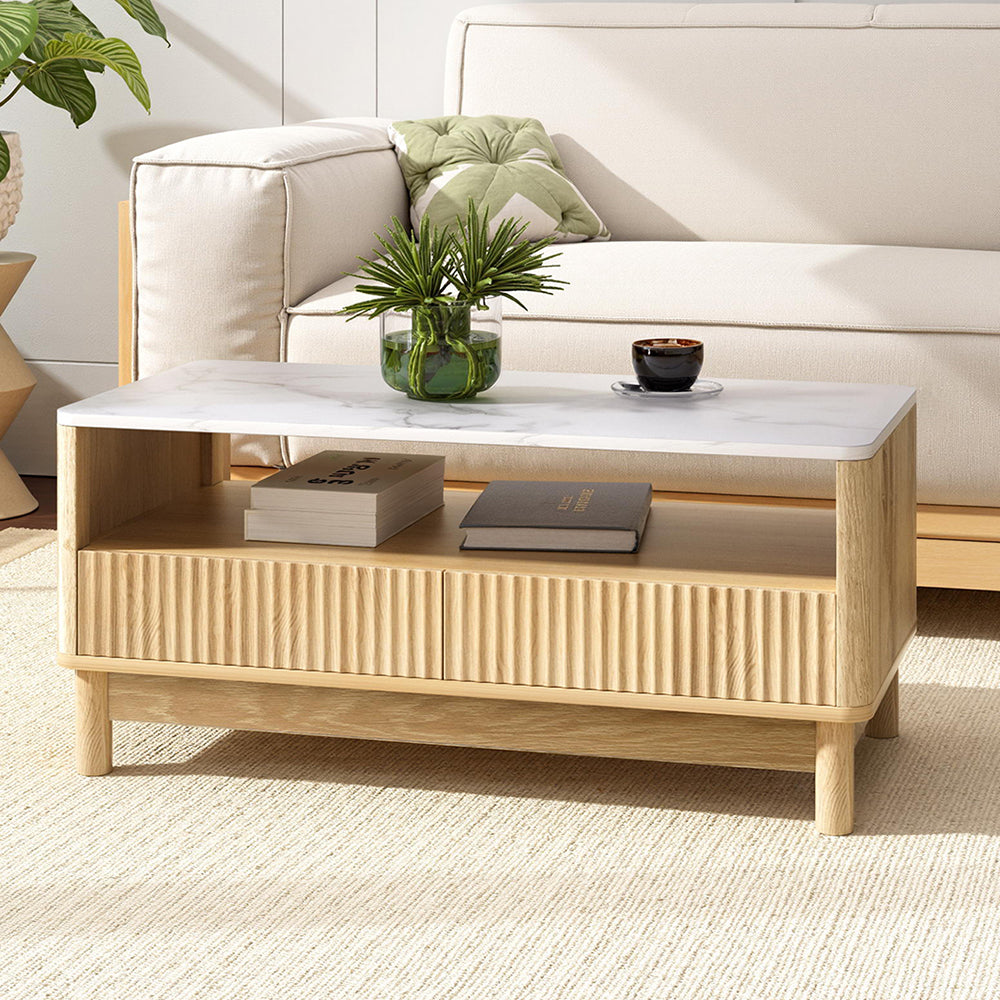 Coffee Table Drawer Shelf Marble Effect Wood&White