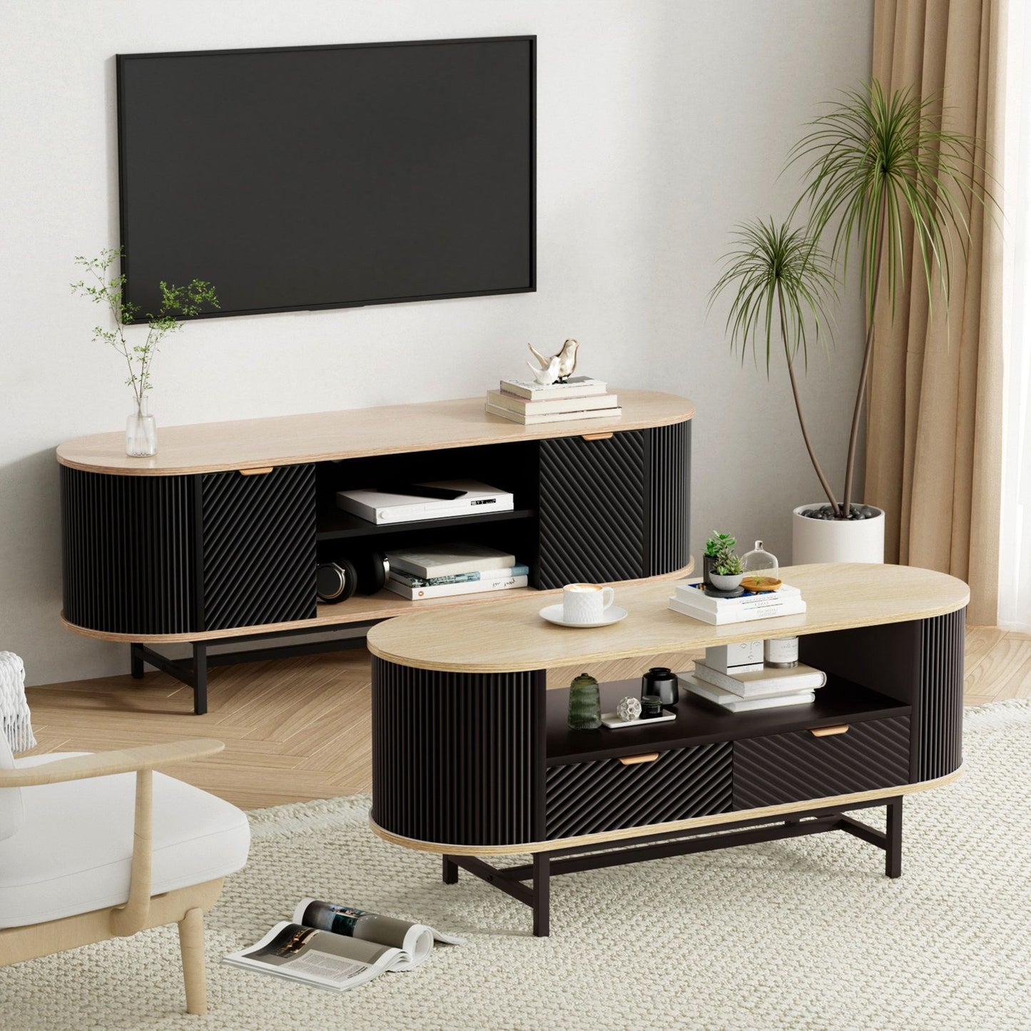 TV Unit & Coffee Table Set Storage Drawers Shelves Black Pine
