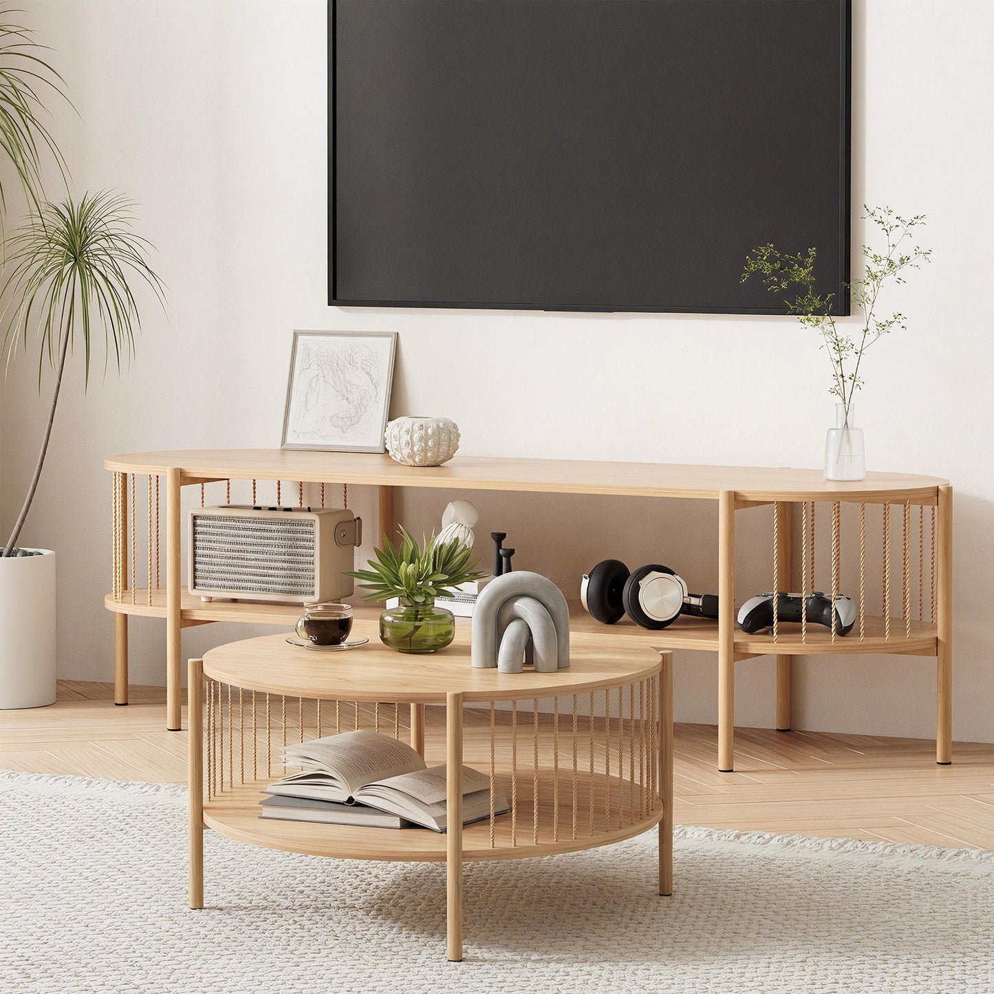 TV Unit & Coffee Table Set Storage Shelf Pine