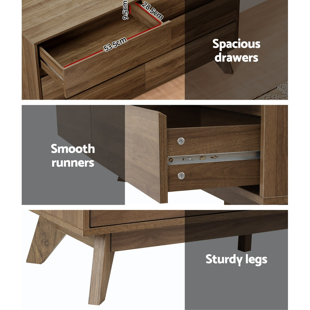 Wooden furniture with measurements and text highlighting spacious drawers, smooth runners, and sturdy legs.