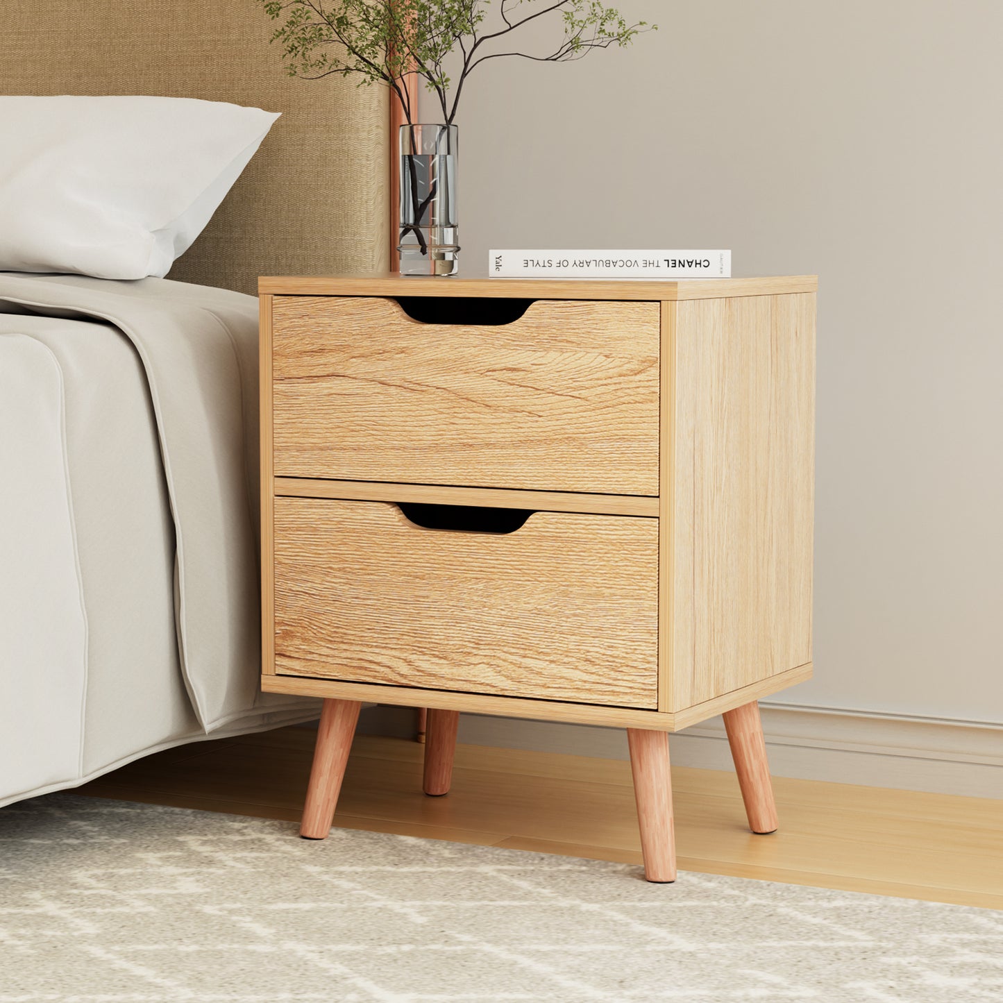 Bedside Table 2 Drawers Nightstand - BODEN Pine