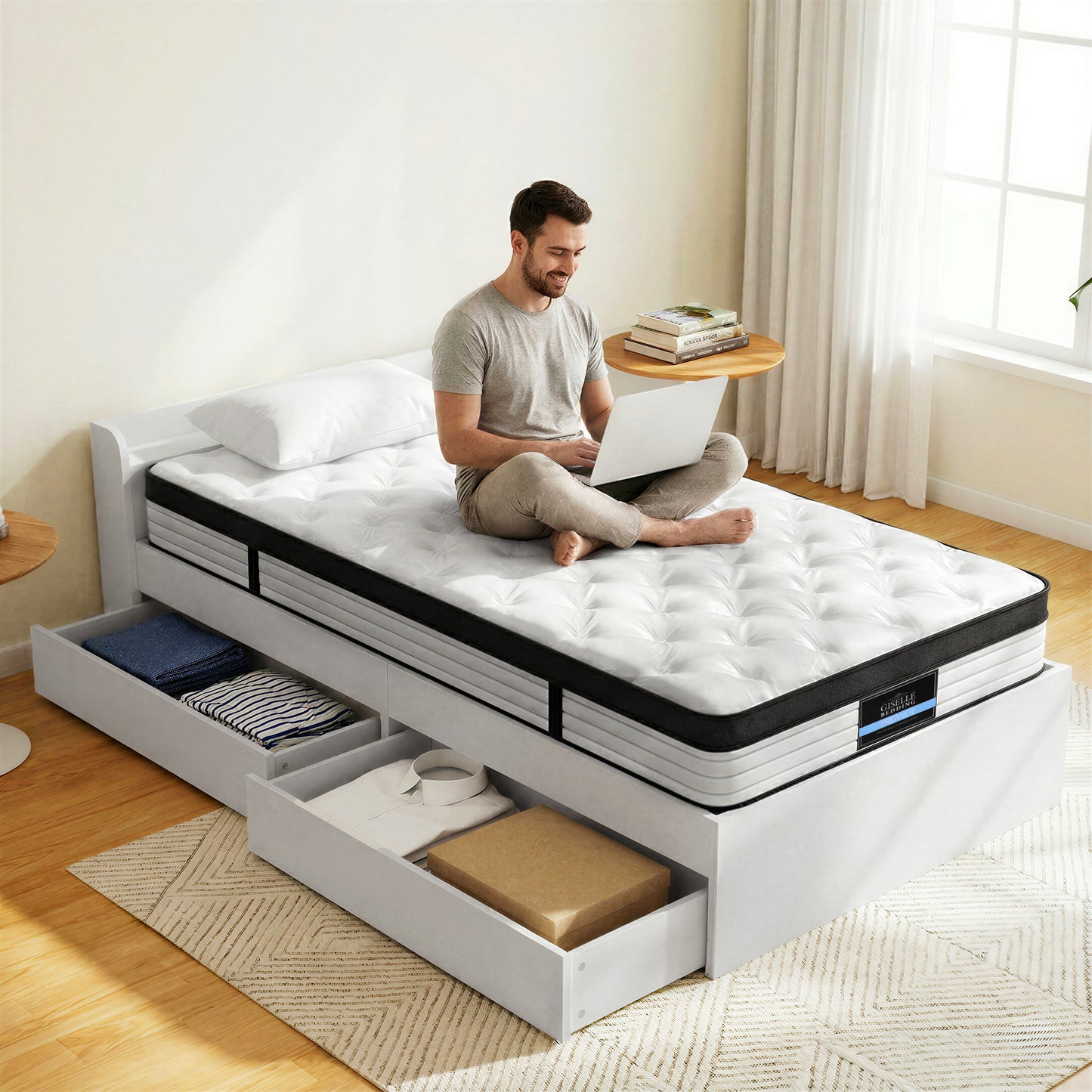 Giselle Single Mattress 5-zone Pocket Spring Mattresses with Wooden Storage Bed Frame Set