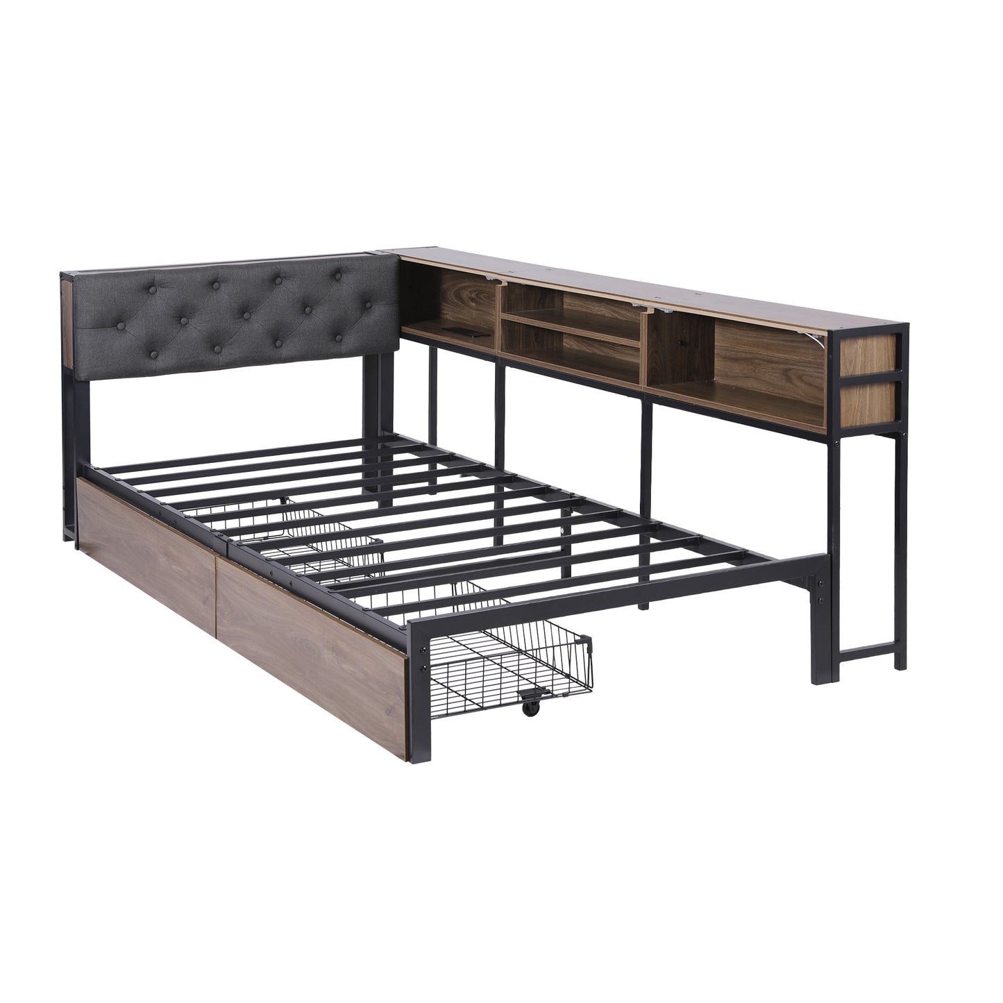 Bed Frame Single Size with 2 Drawers and Charging Station Metal Corner Bed Base