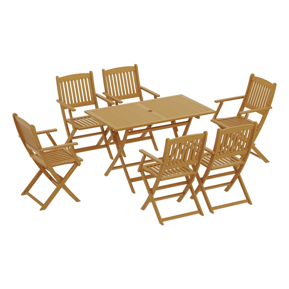 Wooden outdoor furniture set with a table and six chairs on a white background