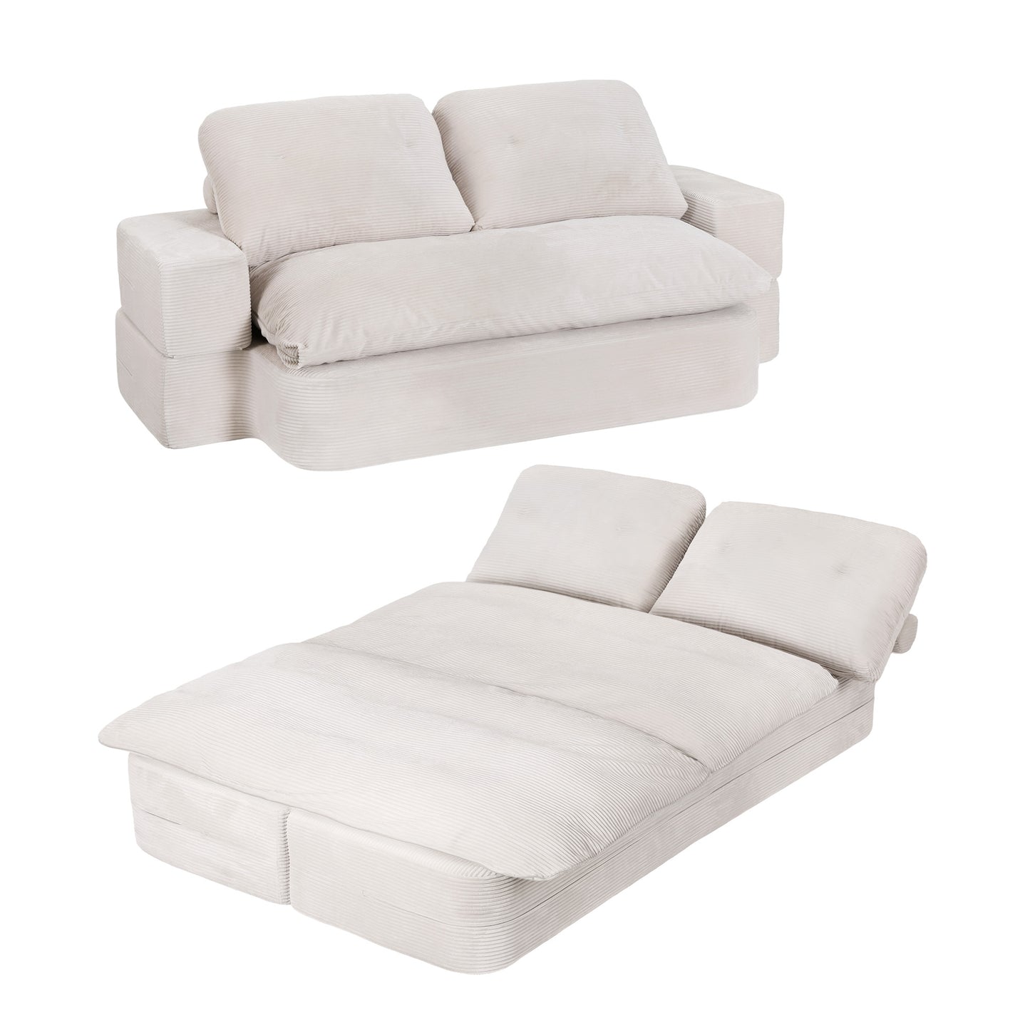 Convertible Folding Sofa Bed 30D High-Density Foam Boneless Couch with Corduroy Sleeper Couch Lounger for Living Room Beign