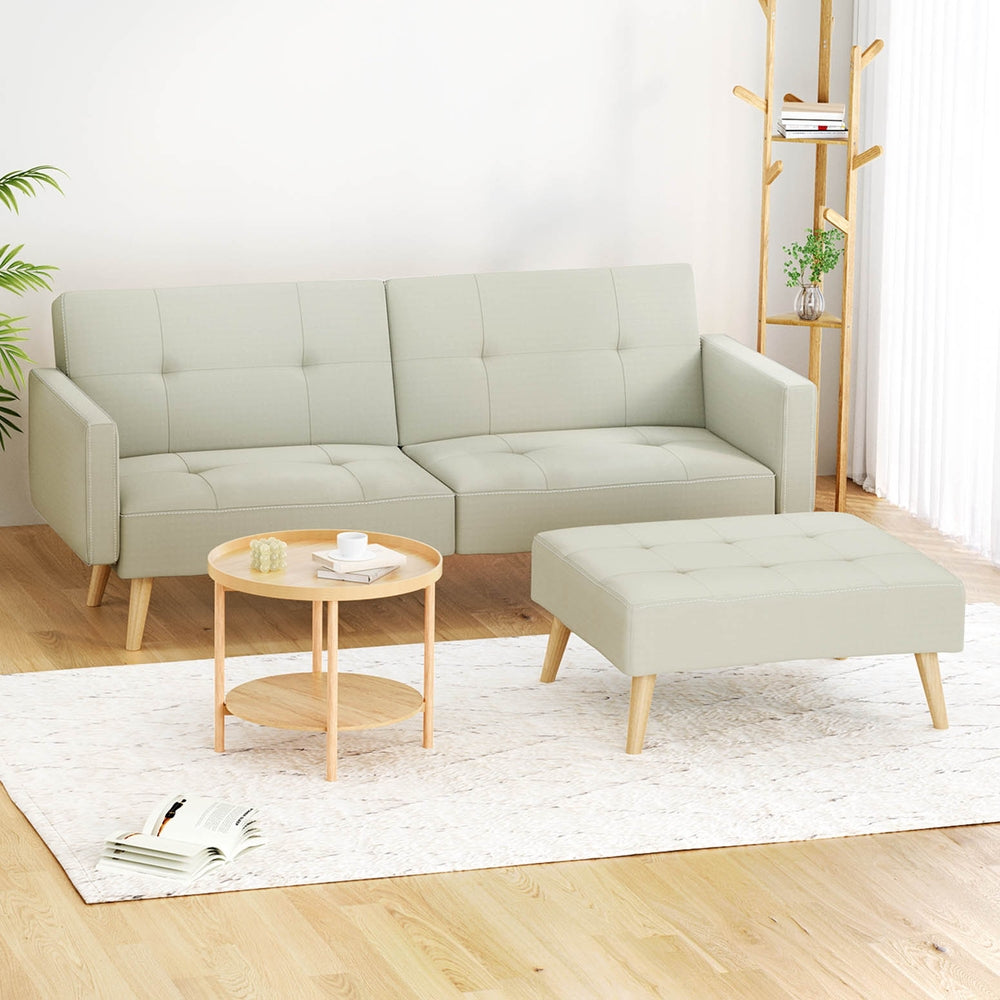 Sofa Bed Lounge Convertible Ottoman Couch Recliner 3 Seater Fabric Beige
