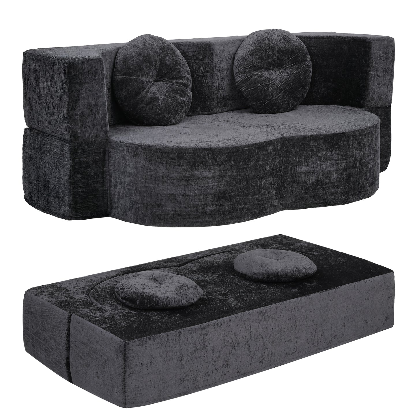 2 in 1 Convertible Compressed Sofa Bed, Folding Boneless Sofabed for Living Room ,Comfort Curved Sleeper Couch with High Density Sponge, Apartment Essentials, No Assembly, 2 Pillows, Grey