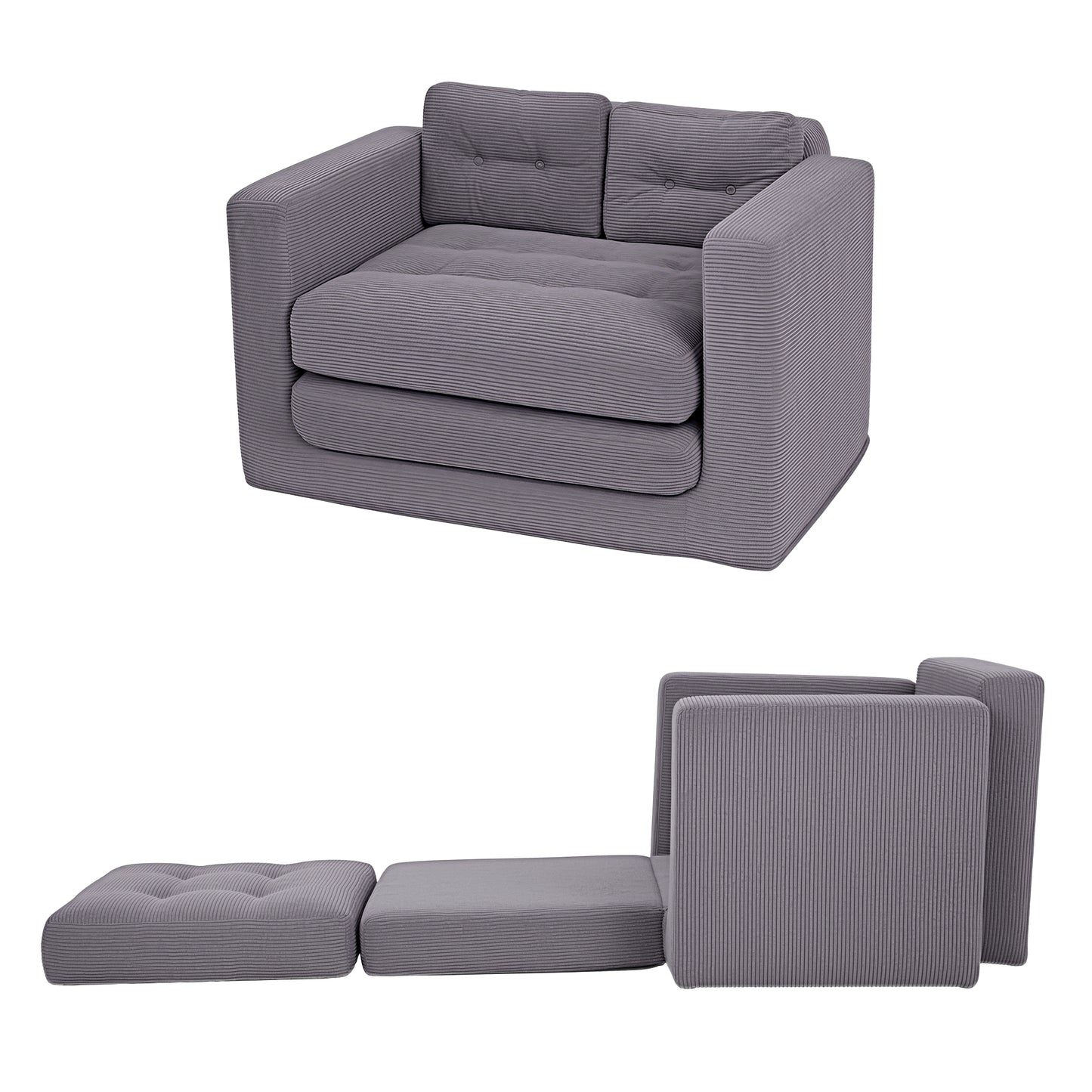 2 Seater Corduroy Convertible Sofa Bed Pull Out Boneless Couch Grey