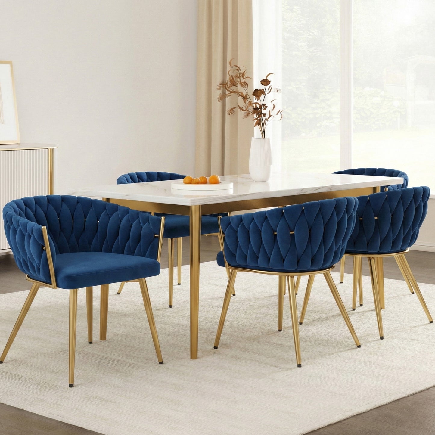 1 Set of 4 Dining Chairs Velvet Weaving Armchair Blue