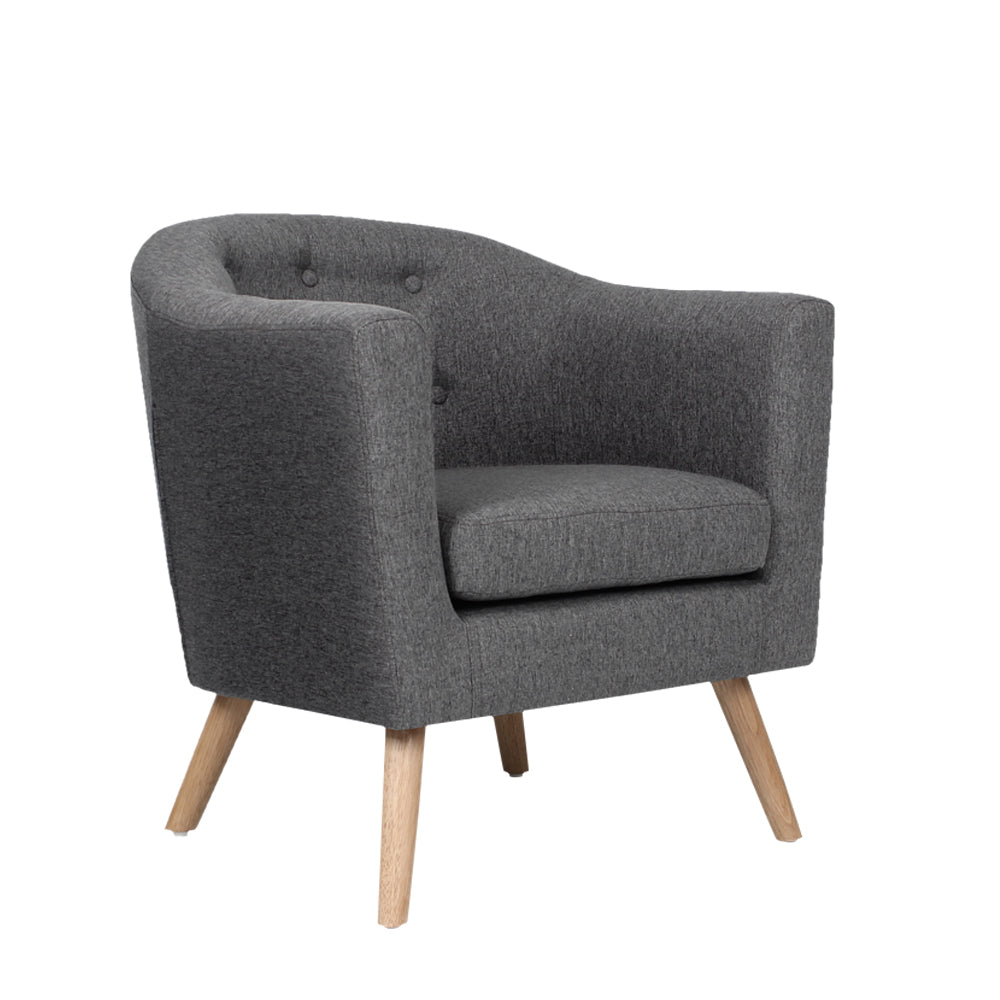 Gray armchair with wooden legs on a white background