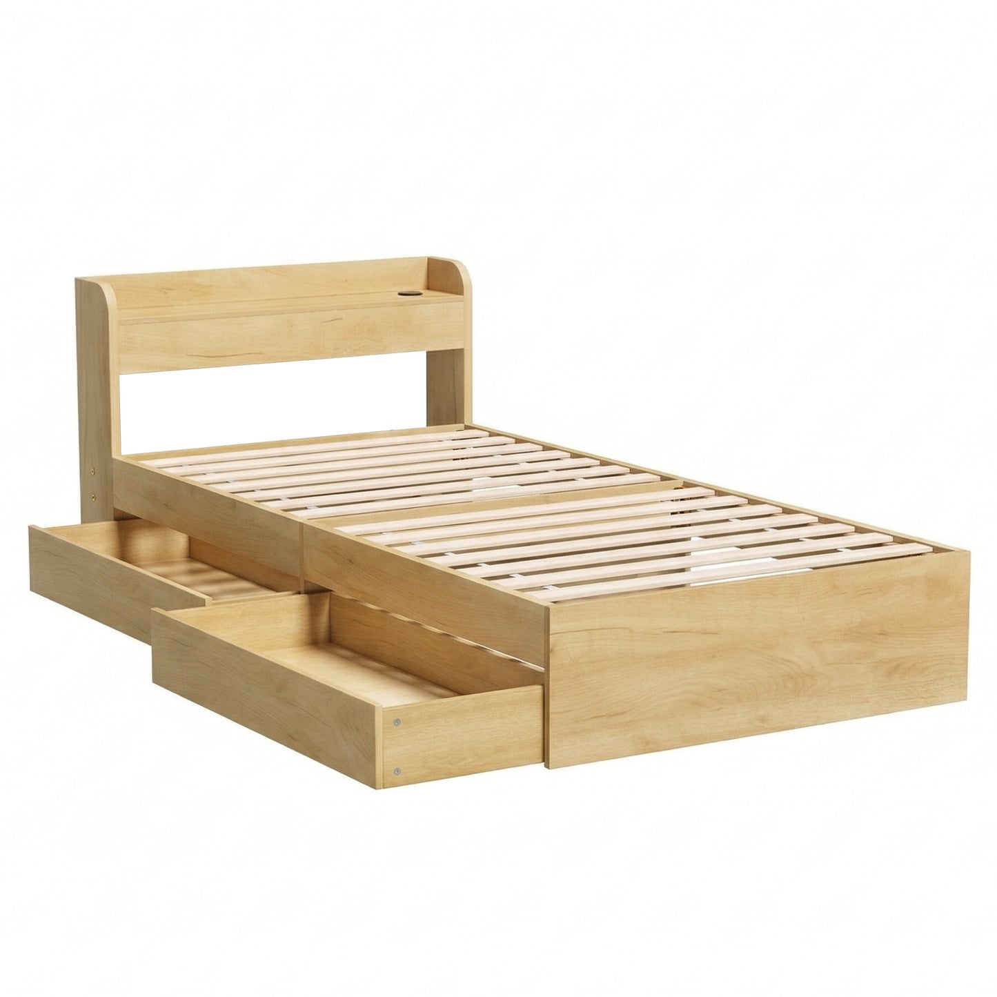 King Single Bed Frame with 2 Drawers Platform Bed with Headboard Bed Base with USB Ports Natural