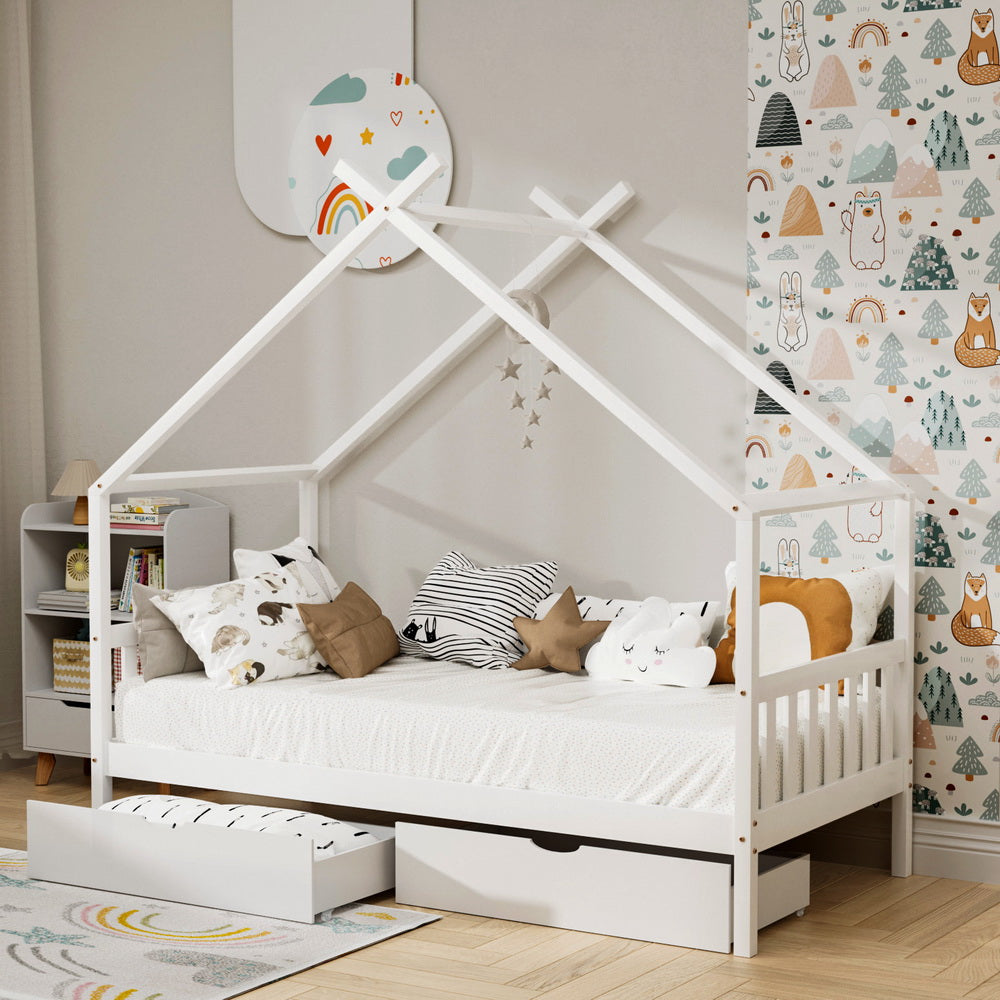 Bed Frame Wooden Base Kids Single Timber House with 2 Storage Drawers Beds White