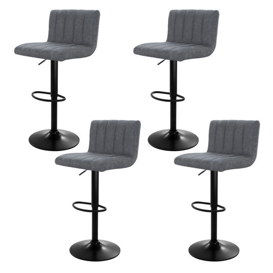 Four gray bar stools with black bases on a white background