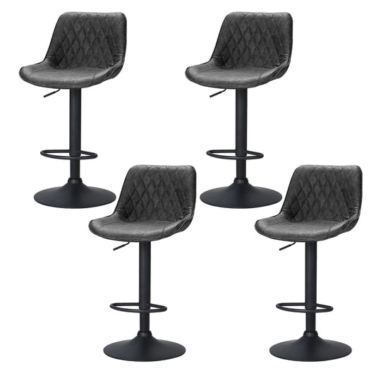 Four brown quilted bar stools with black bases on a white background