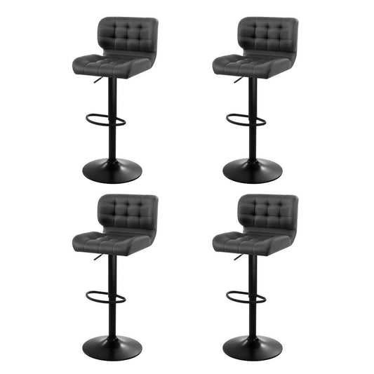 Four gray bar stools with black bases on a white background