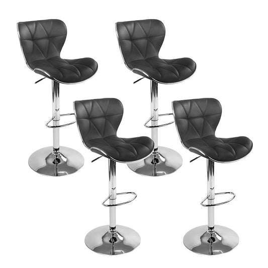 Four black bar stools with chrome bases on a white background