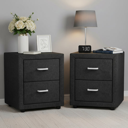 2X Bedside Table 2 Drawers Fabric - CADEN Charcoal