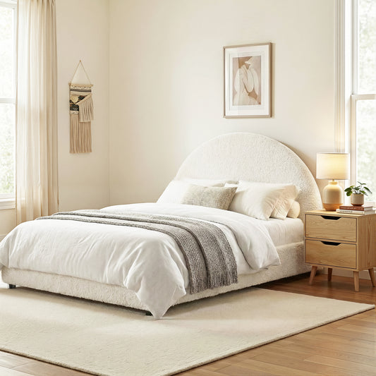 Gas Lift Queen Bed Frame with Bedside Table Set Boucle Fabric Upholstered Platform Bed Nightstand